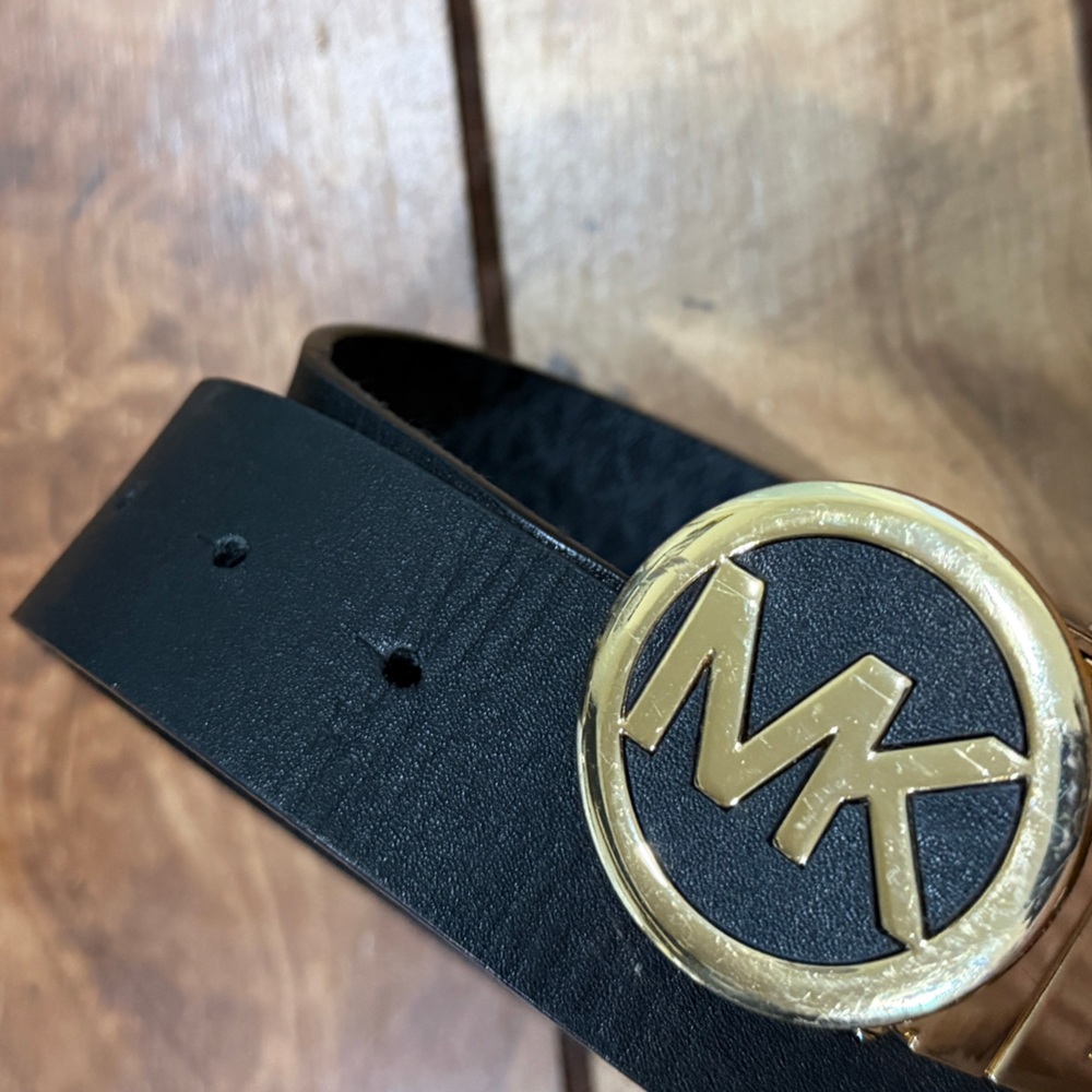 Michael Kors Reversible Black/Monogram Belt with Gold MK Logo
